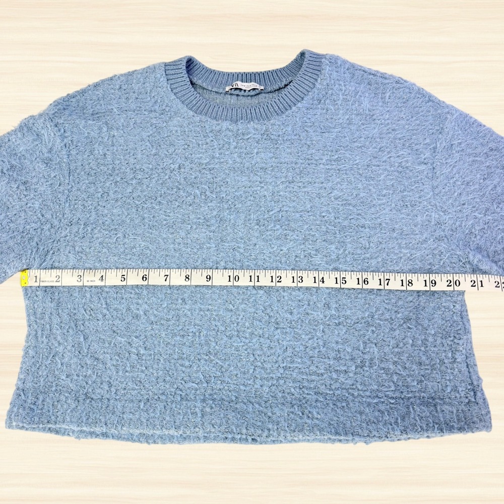 Zara Blue Fuzzy Knit Cropped Sweater Metallic Shimmer Wide Sleeve Pullover M - Picture 6 of 7